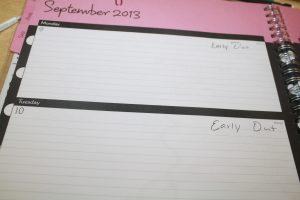 A students planner with dates labeled 'early- out.'