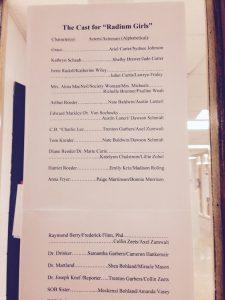 The cast list for 'Radium Girls' outside Mr. McMahon's classroom door