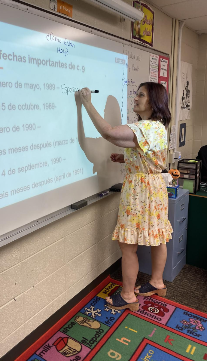 Ms. Henkel, Spanish teacher, leads the class in an activity about a Spanish novel.