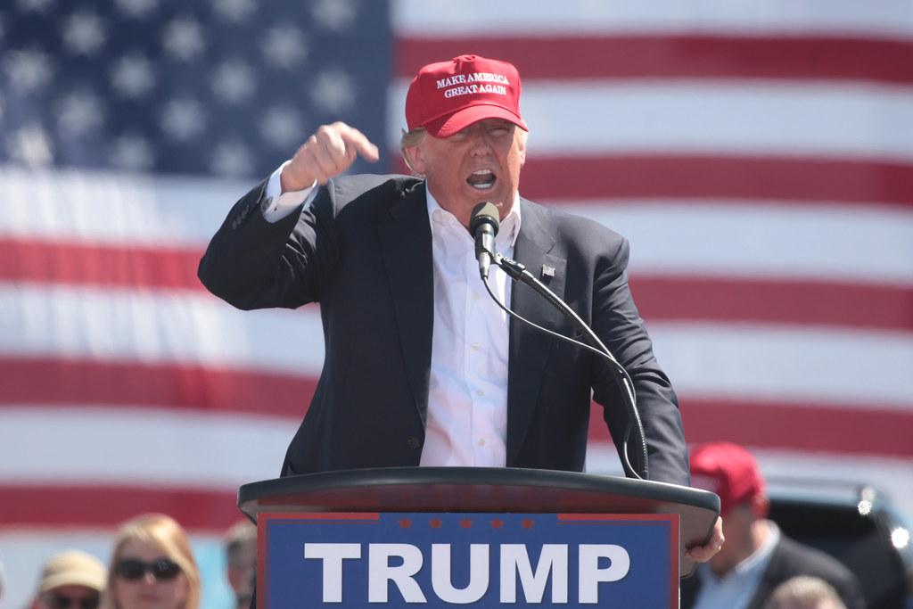 Former president Donald Trump delivers a passionate speech at a Trump rally during his 2016 campaign.