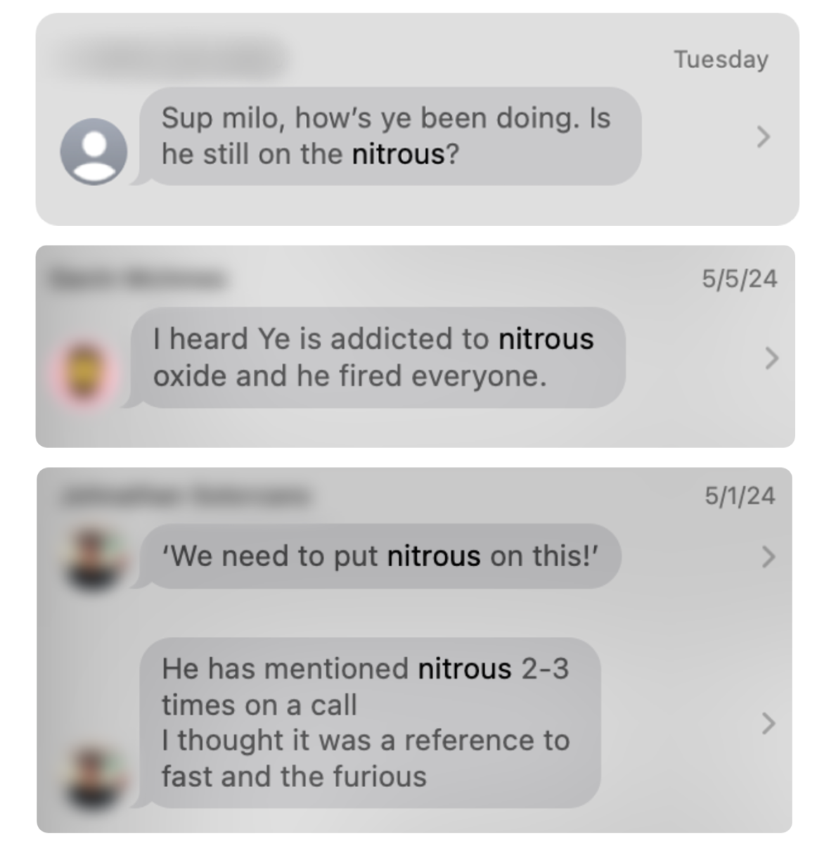 Photos show text message strands between Milo and Yeezy staff discussing Ye’s excessive Nitrous use.