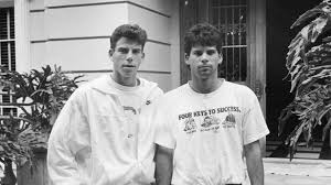 Erik and Lyle Menendez stand outside of their Beverly Hills mansion where they murdered their parents.