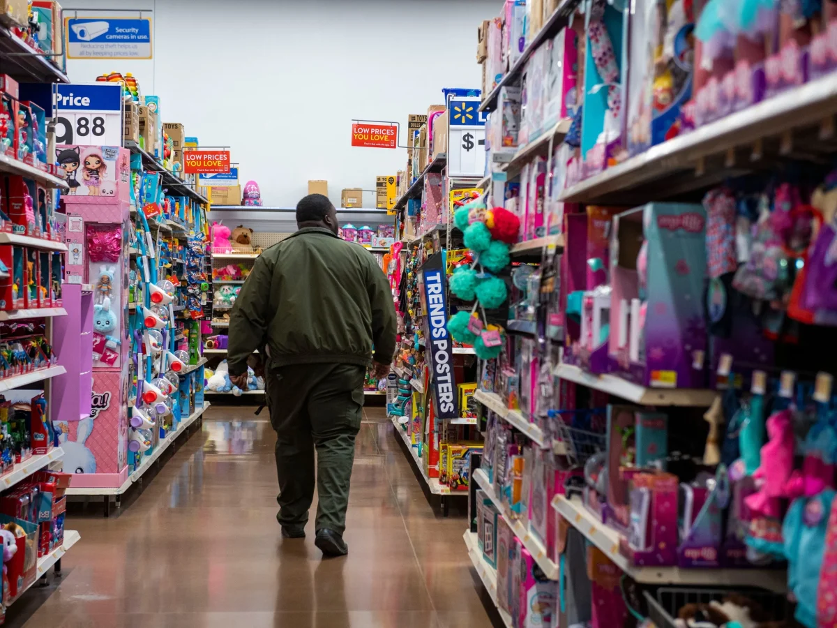 This is a typical look at a toy aisle inside a Walmart. 