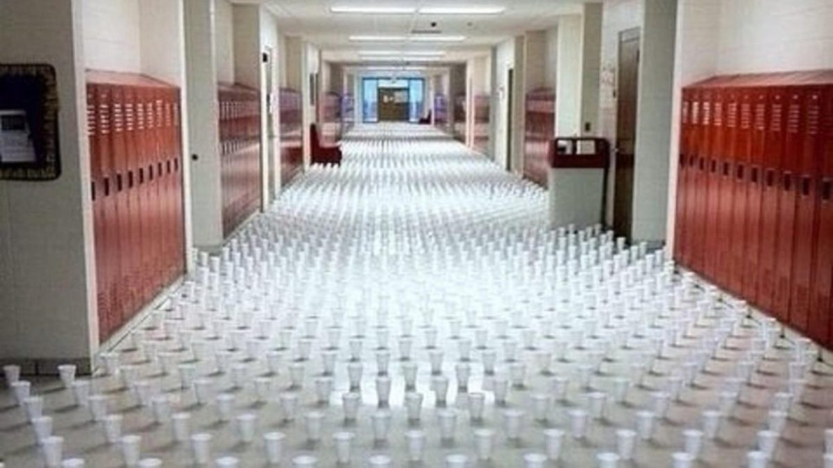 Cups sit in the halls waiting for the first to fall victim to the senior prank.
