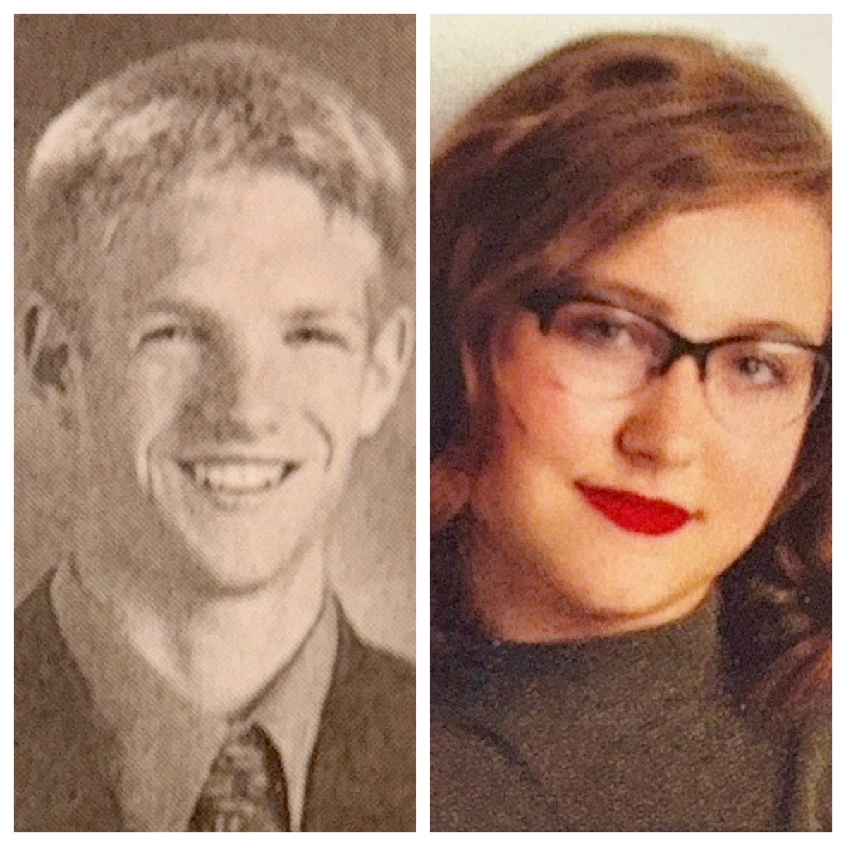 Mr. Messerli and Mrs. Cannon pose for their senior portraits while enrolled at the high school. (Courtesy of The Quill 2002 and 2019)