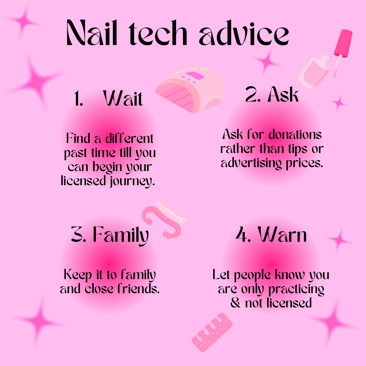 There are four pieces of advice on nail laws and regulations for those currently practicing or planning to practice. (Courtesy of Teygan Lusk)