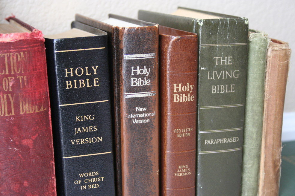 A bookshelf displays contrasting Bible editions and their differences. (Courtesy of Creative Commons)