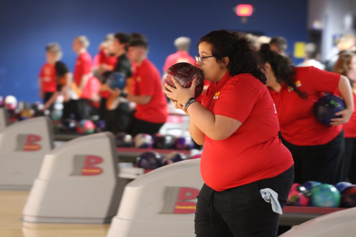 Olivia Burkholder, '29, visualizes a strike at a home bowling meet at CRBC.