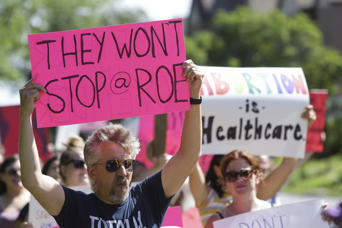 A group of abortion-rights protesters march in Davenport, Iowa, two days after the overturning of Roe v. Wade, June 26th, 2022.
(Courtesy of Nikos Frazier/AP/NBC News)