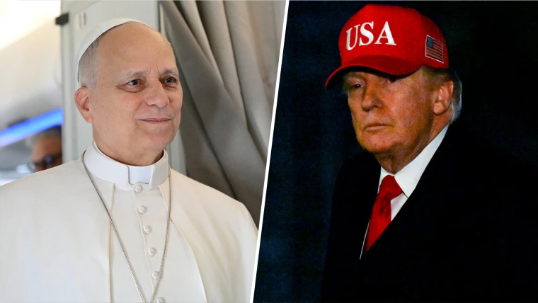 On the right, Trump is seen with a MAGA hat, and on the left is Pope Leo. (Courtesy of NBC News) 