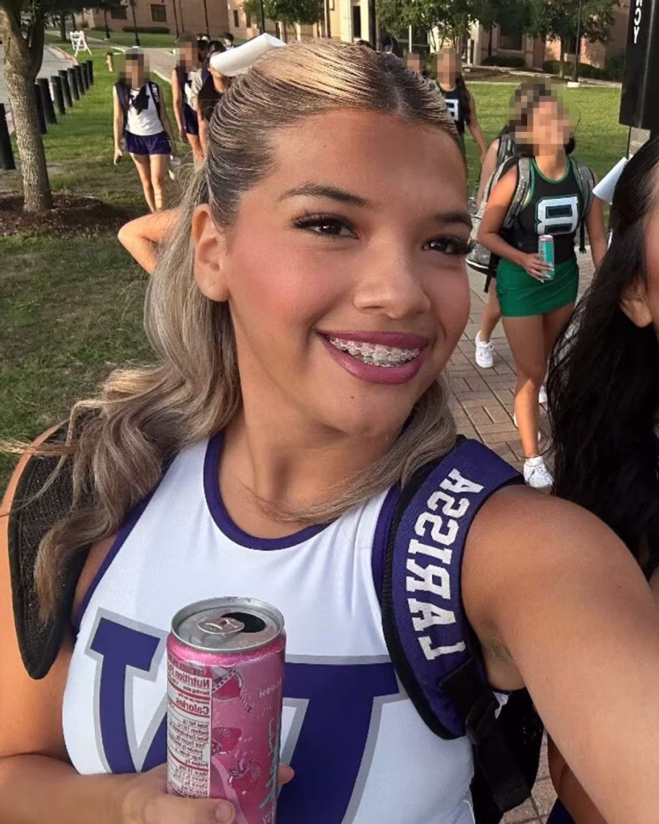 Larissa Nicole Rodriguez snaps a picture of herself before a cheer event, holding an Alani Nu energy drink. (Courtesy of NBC News and Salinas Funeral Home)